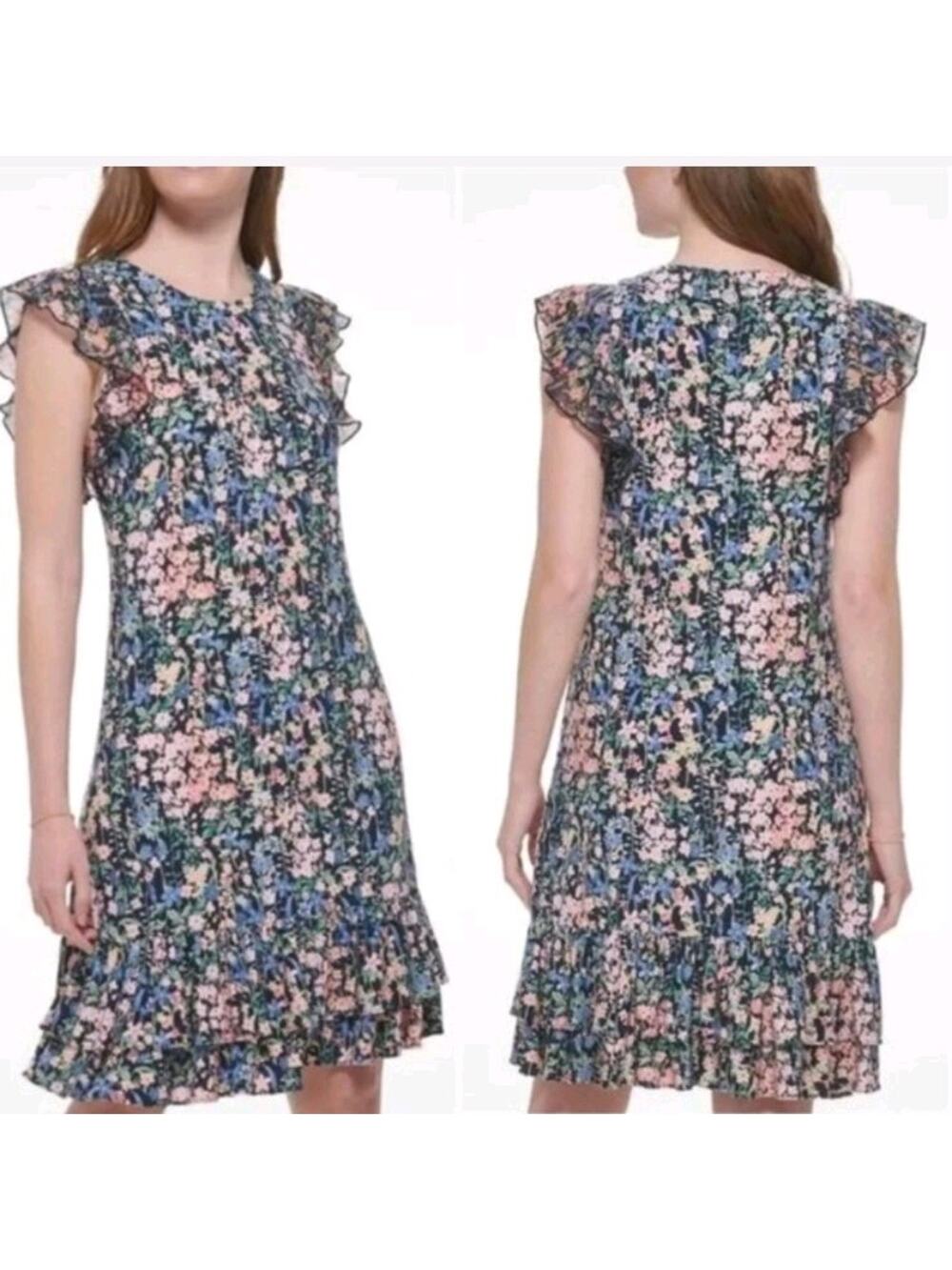 Tommy Hilfiger Size 10 Floral Printed Flutter Sleeve Tiered Ruffle Trim Dress